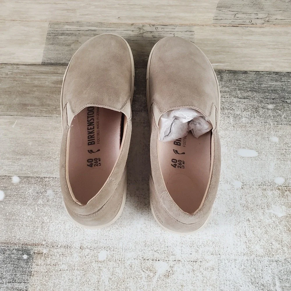 Birkenstock Oswego Shoes Womens Sz 9 Narrow Taupe Suede Comfort Slip On Sneakers